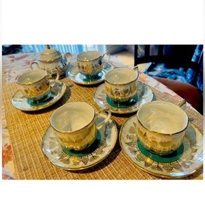 *RARE” Antique Hand Painted japanese Tea Set green WithGold accents 12 Piece Set